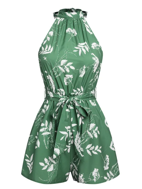 Green 1960s Halter Plants Belted Romper sold by Retro Stage