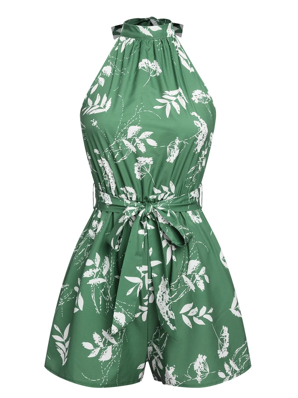 Green 1960s Halter Plants Belted Romper sold by Retro Stage