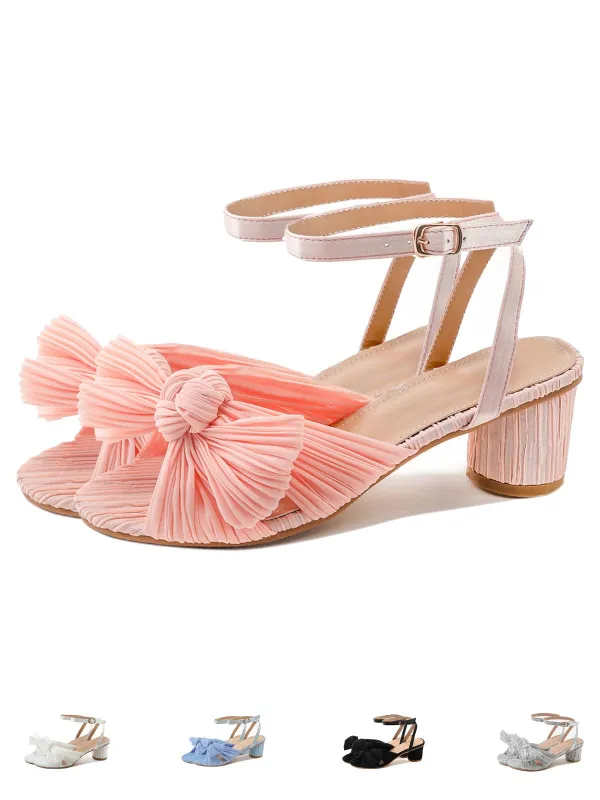 Pleated Chiffon Bowknot Chunky Heels Sandals sold by Retro Stage