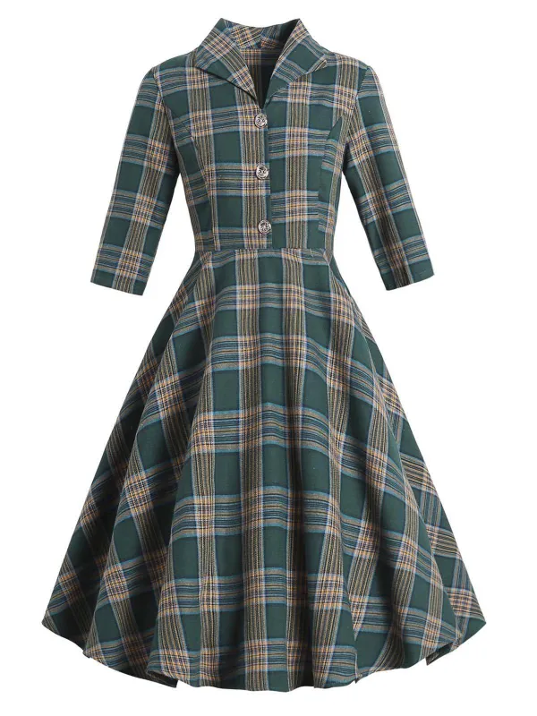 Green 1950s Plaid Button Swing Dress sold by Retro Stage