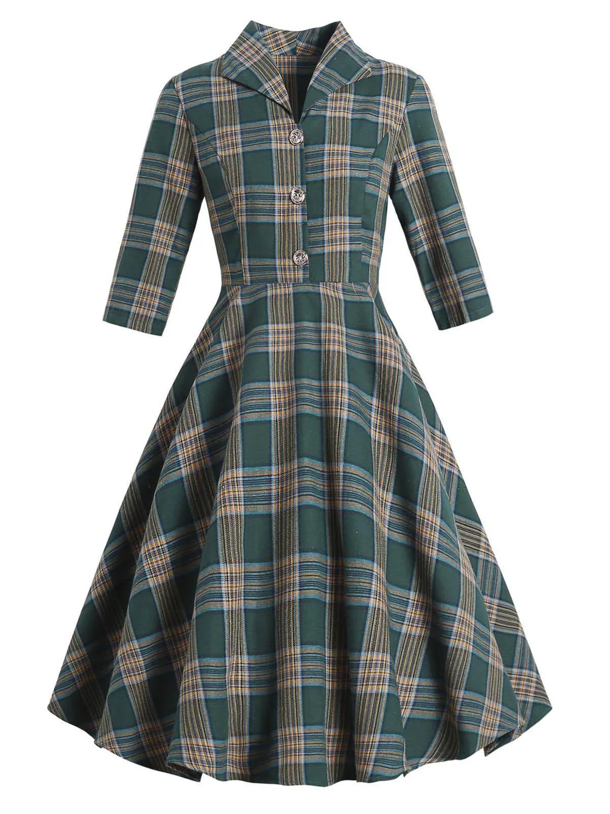 Green 1950s Plaid Button Swing Dress sold by Retro Stage