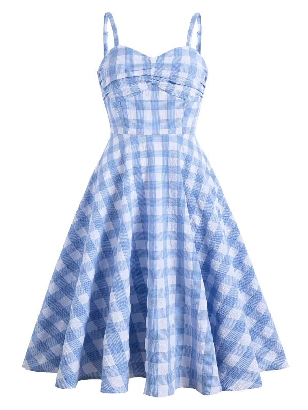Blue 1950s Spaghetti Strap Plaid Dress made by Retro Stage