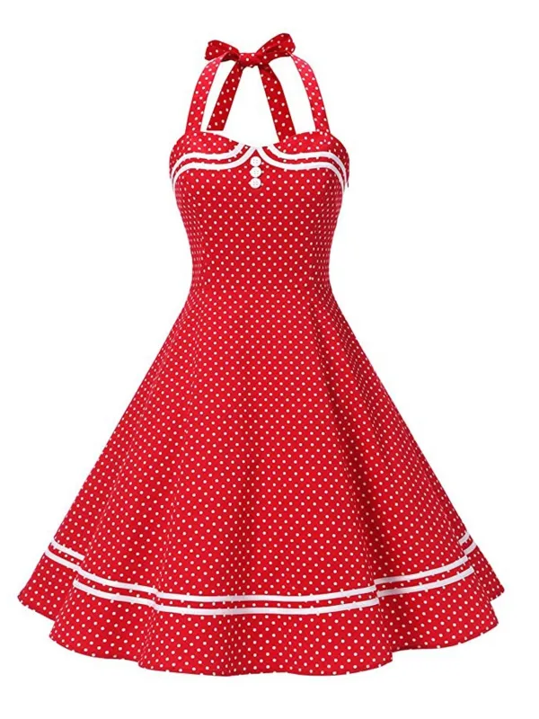 Red 1950s Halter Polka Dot Dress sold by Retro Stage