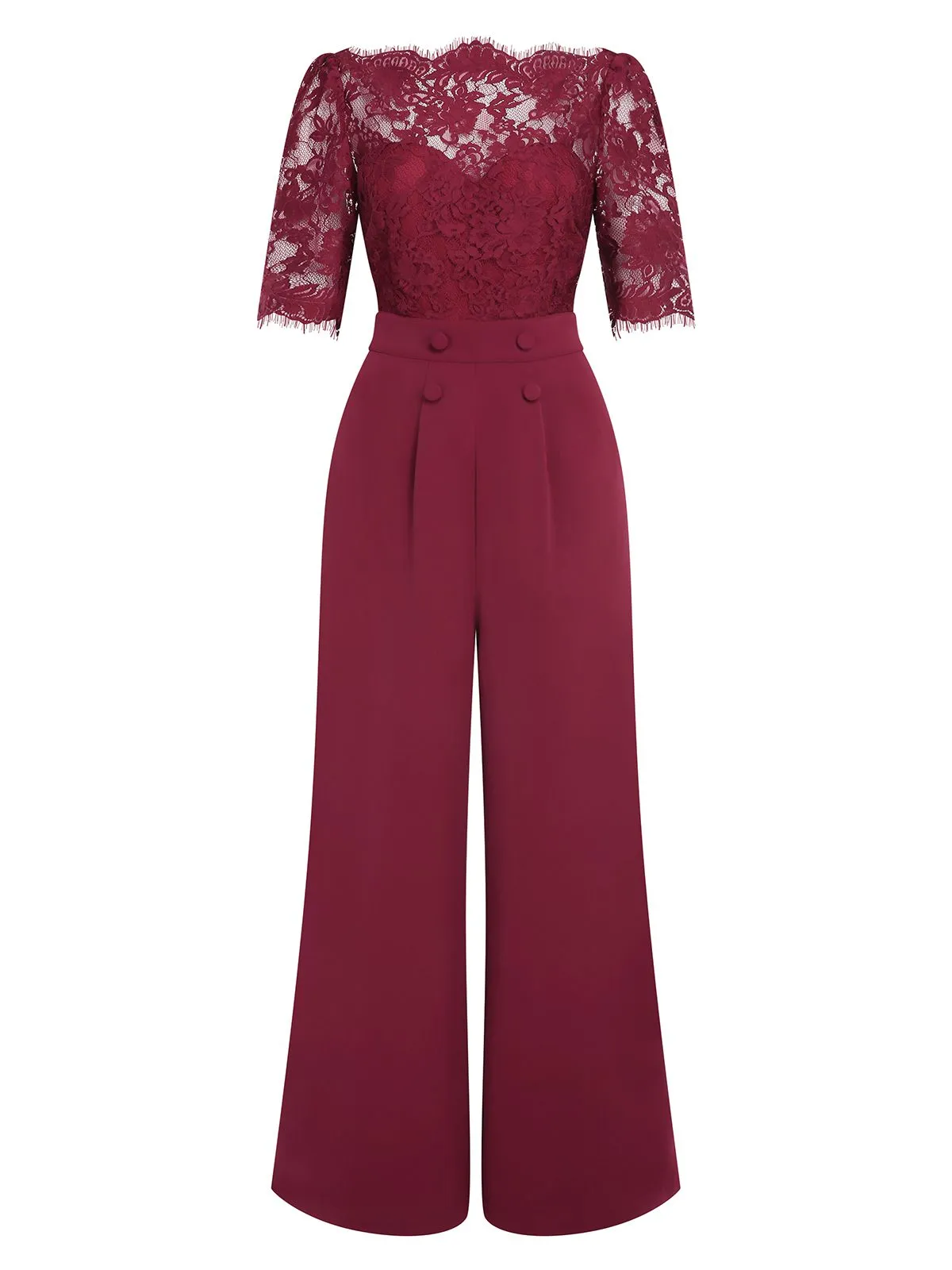 Wine Red 1930s Lace Patchwork Jumpsuit sold by Retro Stage product image thumbnail 2