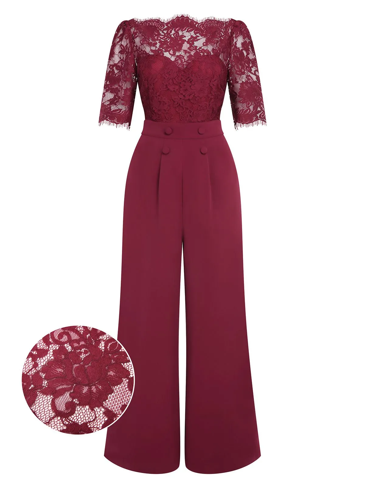 Wine Red 1930s Lace Patchwork Jumpsuit sold by Retro Stage