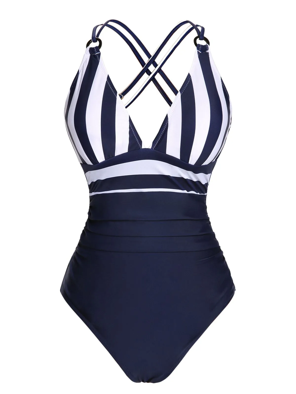 Navy Blue 1950s Stripes Strap Patchwork Swimsuit sold by Retro Stage
