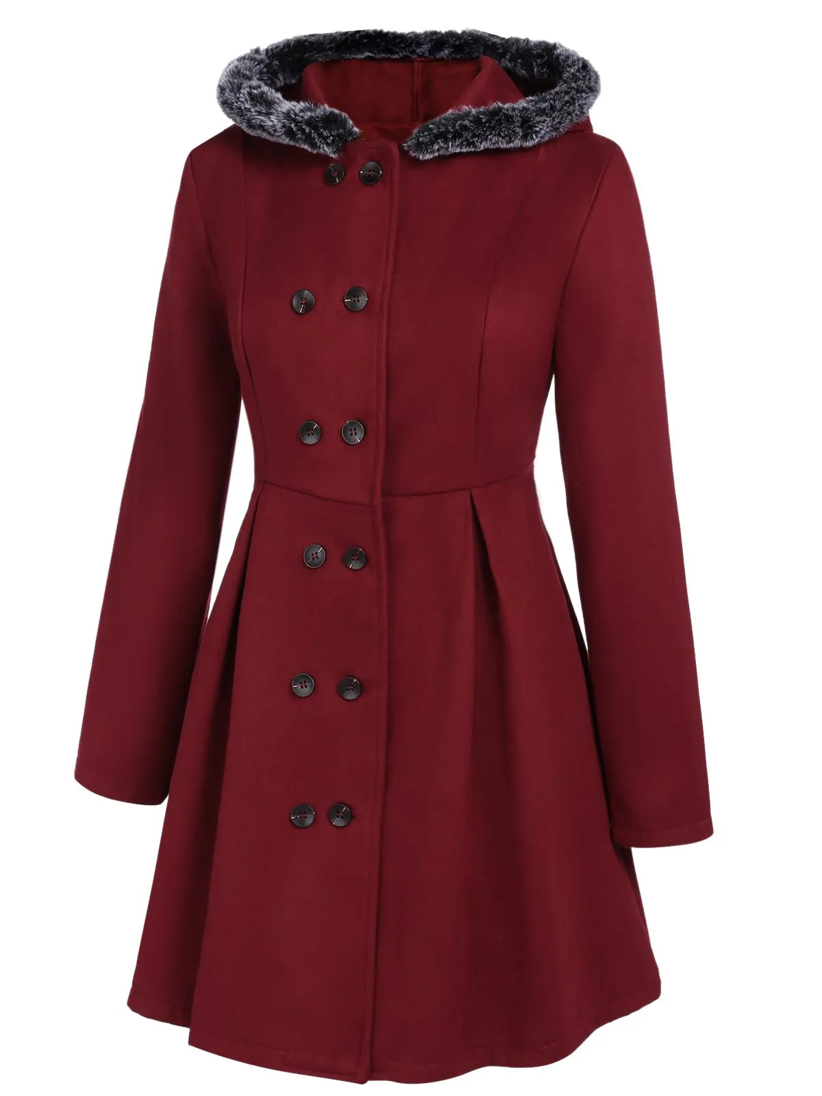 Wine Red 1950s Fur Collar Hooded Coat sold by Retro Stage product image thumbnail 3
