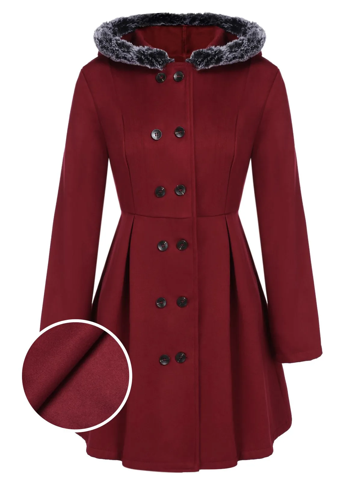 Wine Red 1950s Fur Collar Hooded Coat sold by Retro Stage