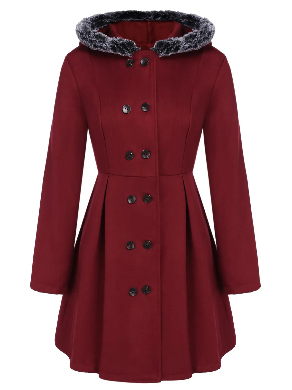 Wine Red 1950s Fur Collar Hooded Coat sold by Retro Stage product image thumbnail 2