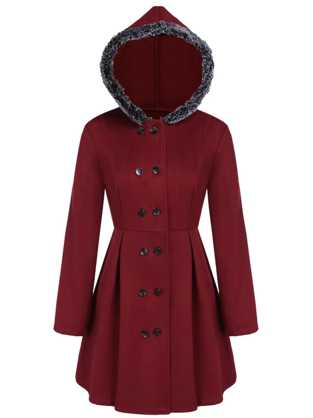 Wine Red 1950s Fur Collar Hooded Coat sold by Retro Stage product image thumbnail 5