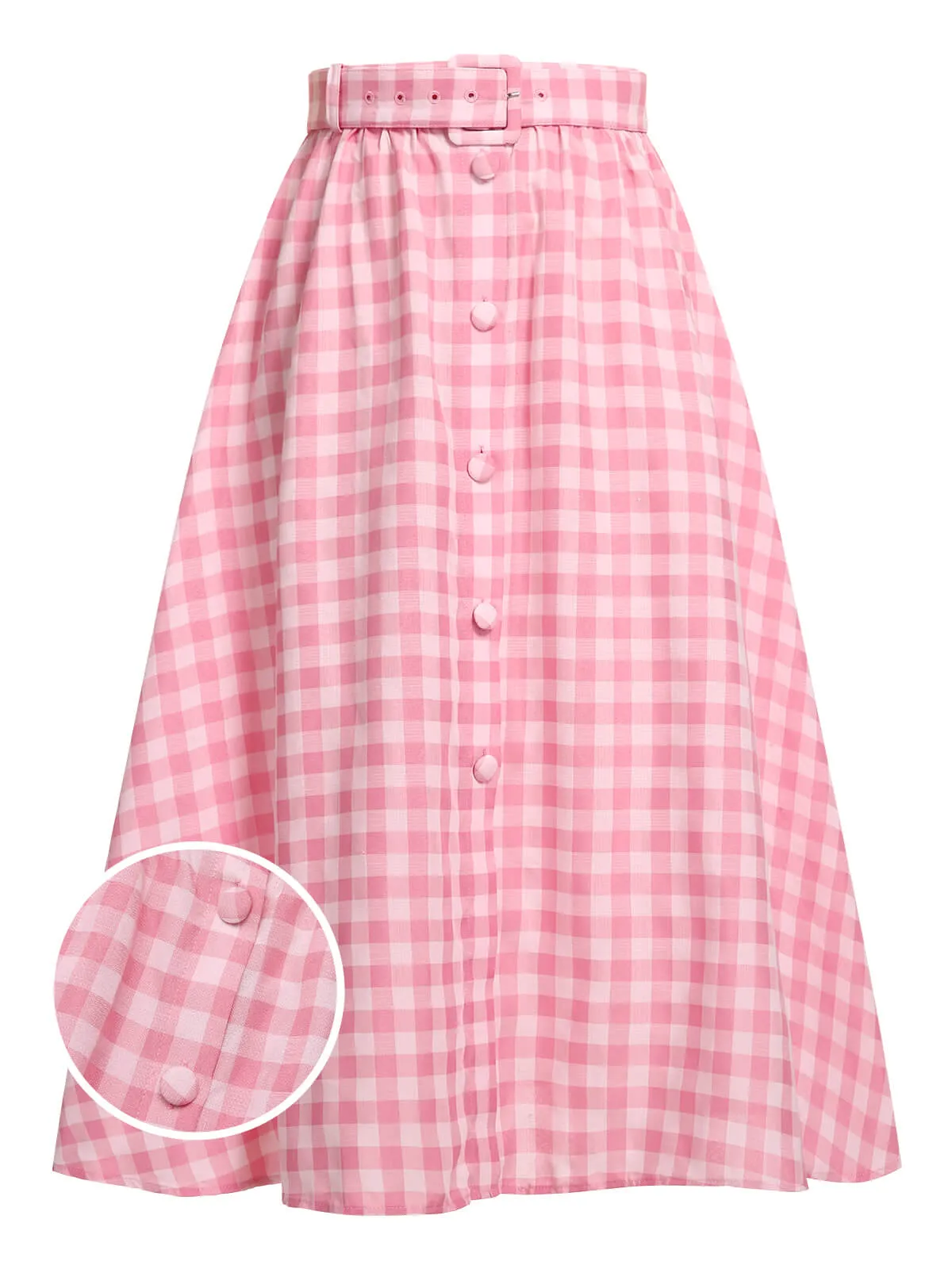 1950s Pink Plaid Button Skirt With Belt sold by Retro Stage