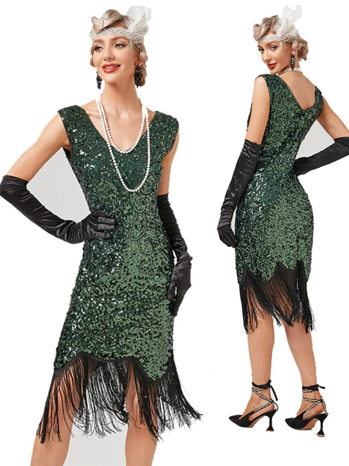 1920s V-Neck Sequined Tassel Gatsby Dress sold by Retro Stage product image thumbnail 3