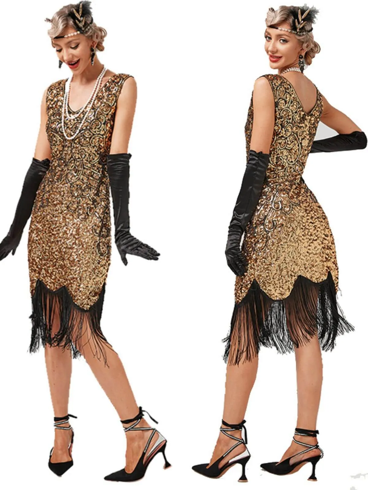 1920s V-Neck Sequined Tassel Gatsby Dress sold by Retro Stage product image thumbnail 2