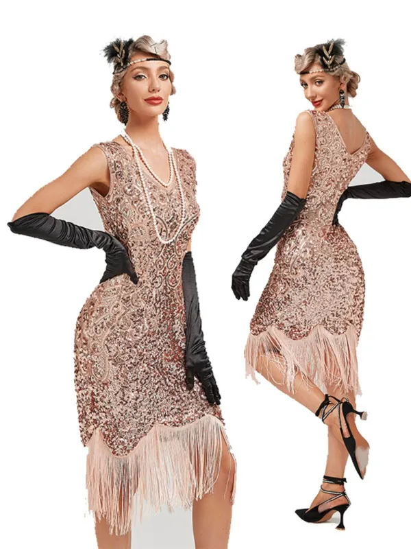 1920s V-Neck Sequined Tassel Gatsby Dress sold by Retro Stage
