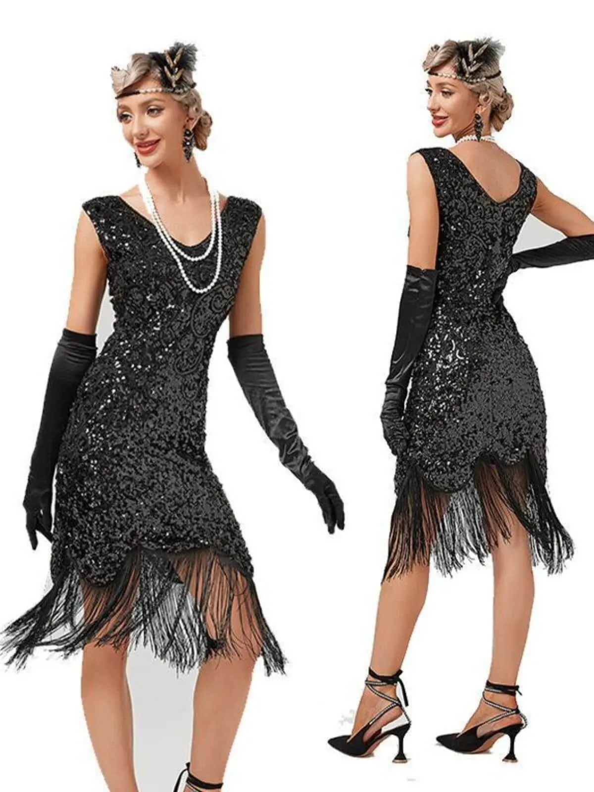 1920s V-Neck Sequined Tassel Gatsby Dress sold by Retro Stage product image thumbnail 4