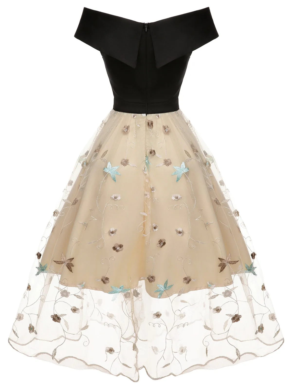 Black & Beige 1950s Floral Mesh Off-Shoulder Dress sold by Retro Stage product image thumbnail 4