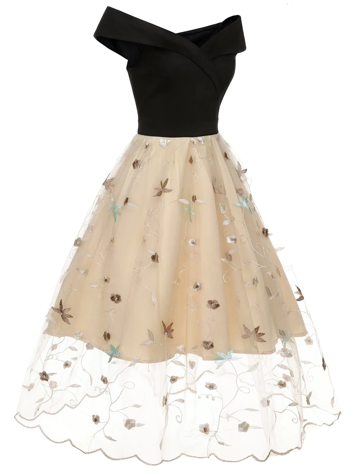Black & Beige 1950s Floral Mesh Off-Shoulder Dress sold by Retro Stage product image thumbnail 3