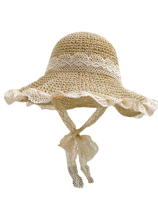 Beige Lace Woven Straw Beach Sun Hat sold by Retro Stage