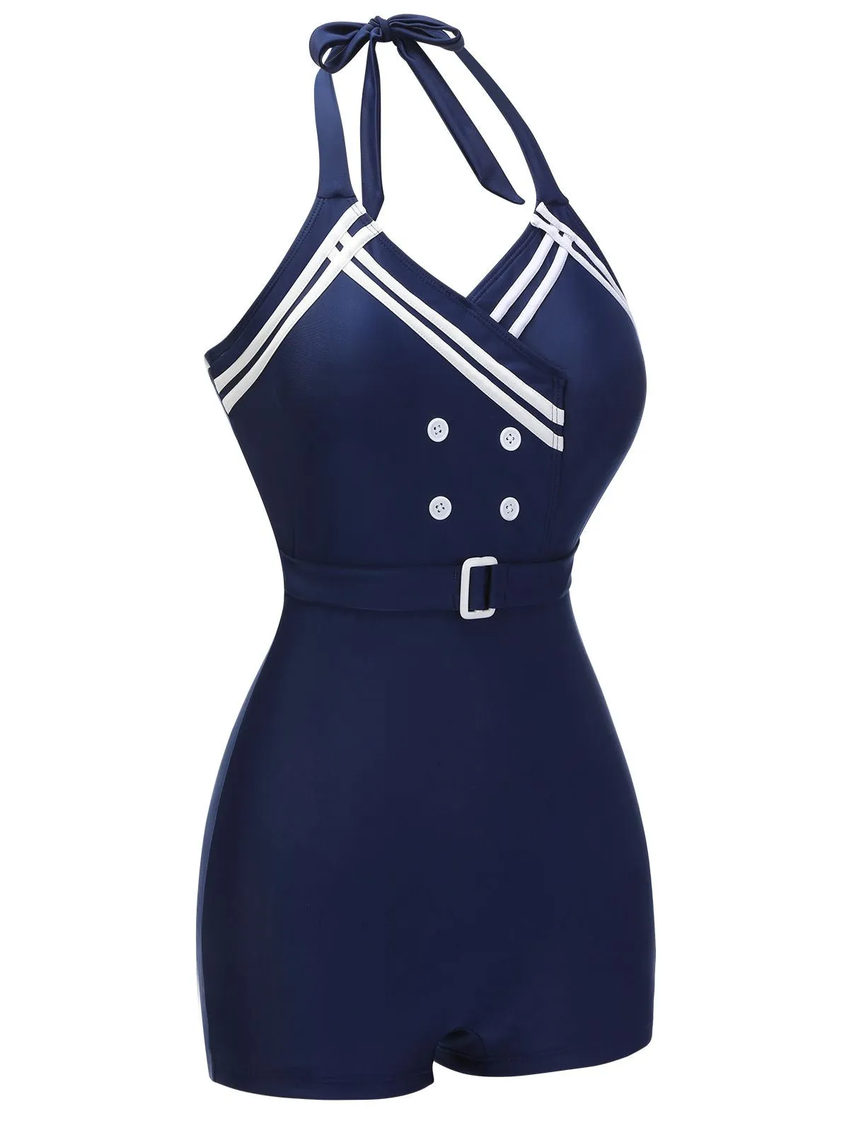 Navy Blue 1950s Solid Belt Button Halter Swimsuit sold by Retro Stage product image thumbnail 3