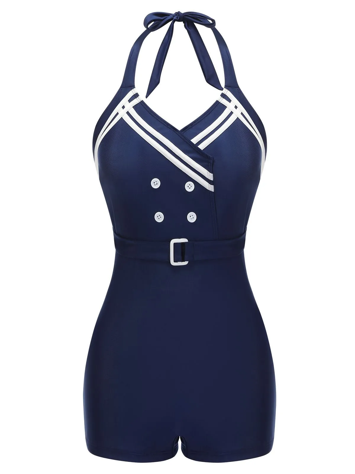 Navy Blue 1950s Solid Belt Button Halter Swimsuit sold by Retro Stage product image thumbnail 2