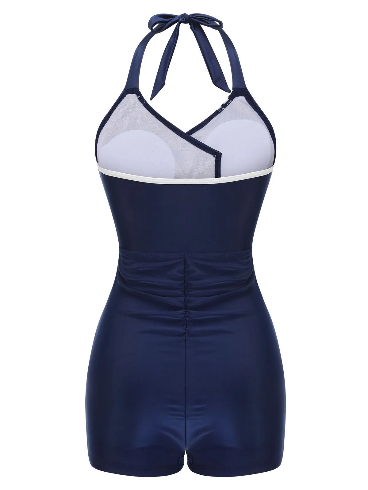 Navy Blue 1950s Solid Belt Button Halter Swimsuit sold by Retro Stage product image thumbnail 4