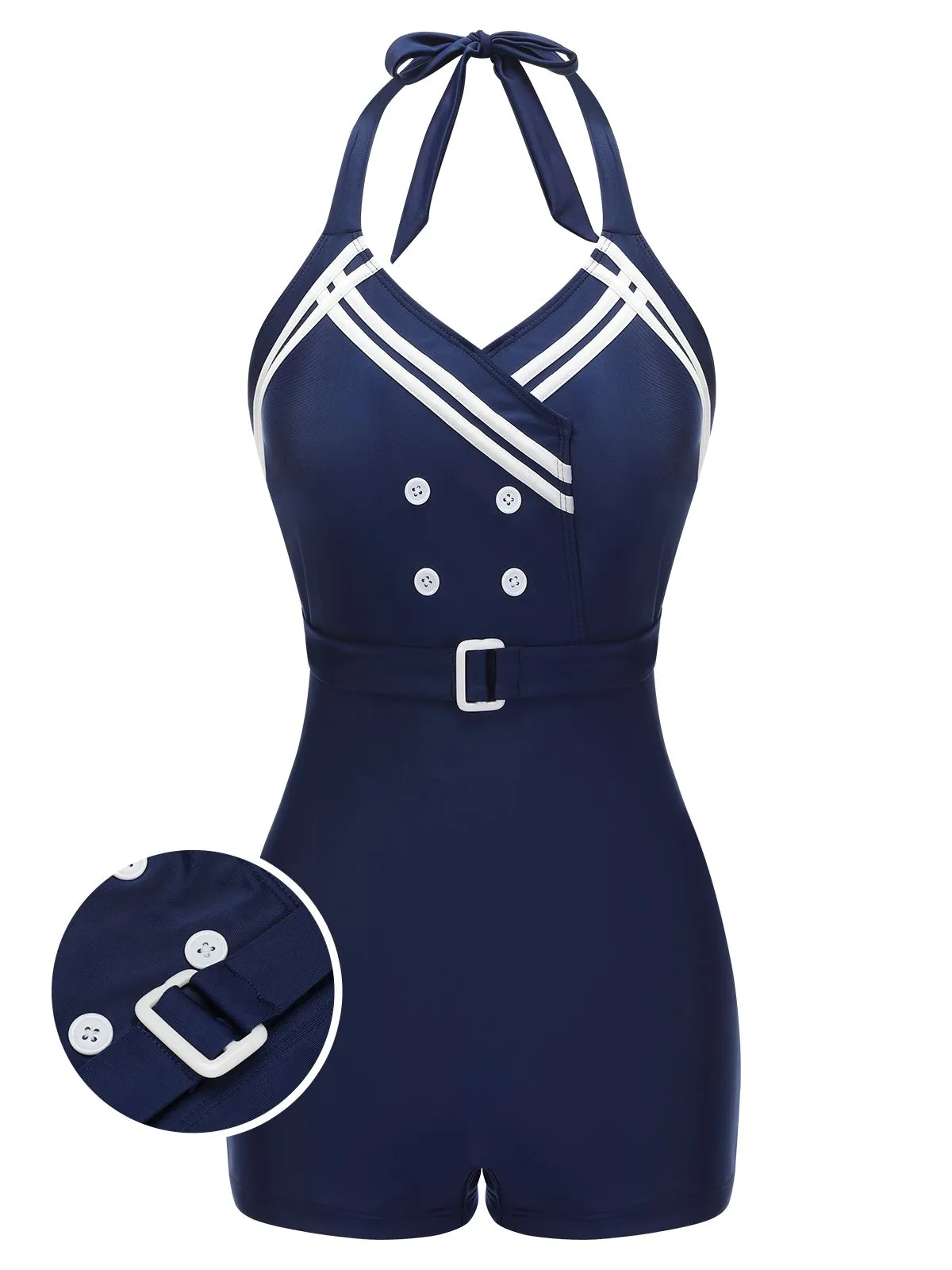 Navy Blue 1950s Solid Belt Button Halter Swimsuit sold by Retro Stage