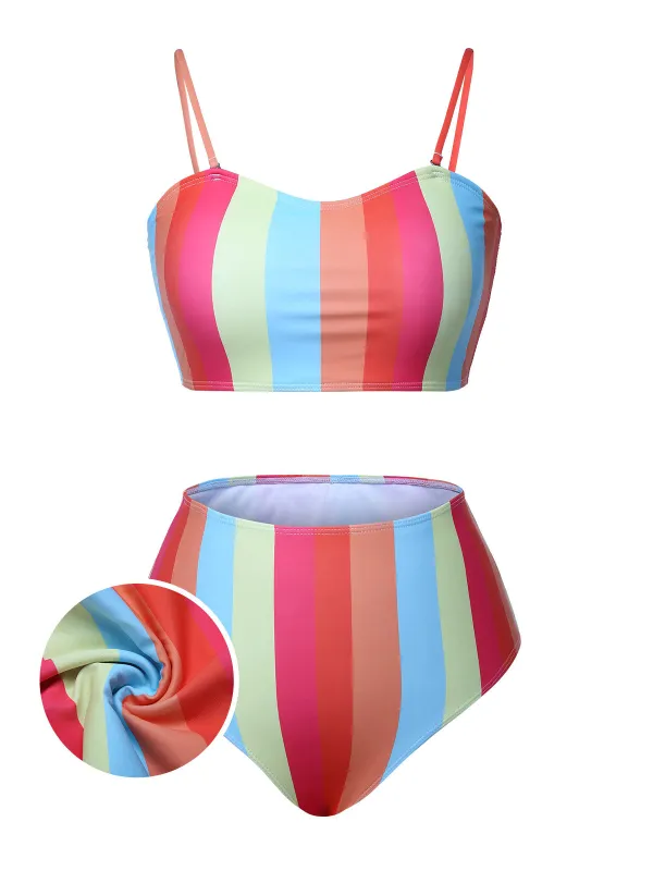 [Plus Size] Colorful 1950s Vertical Stripe Swimsuit sold by Retro Stage