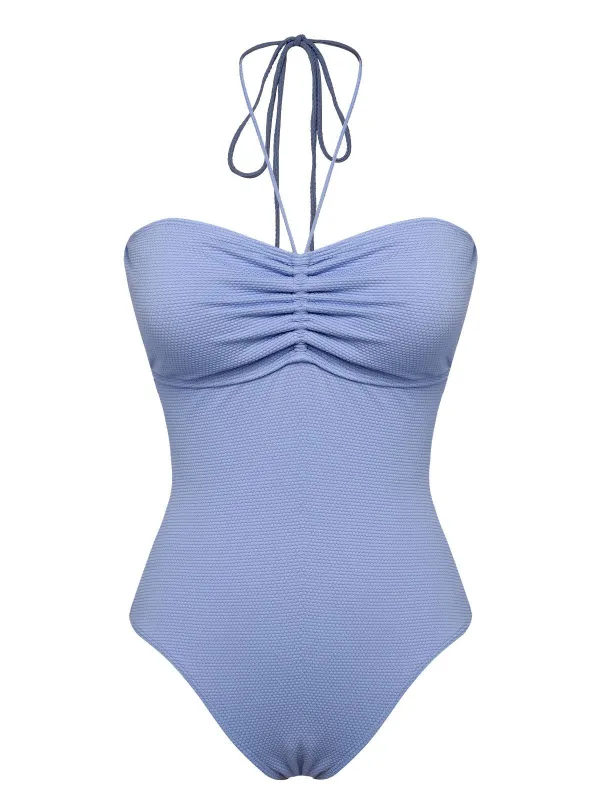 Sky Blue 1970s Solid Drawstring Bandeau Swimsuit sold by Retro Stage