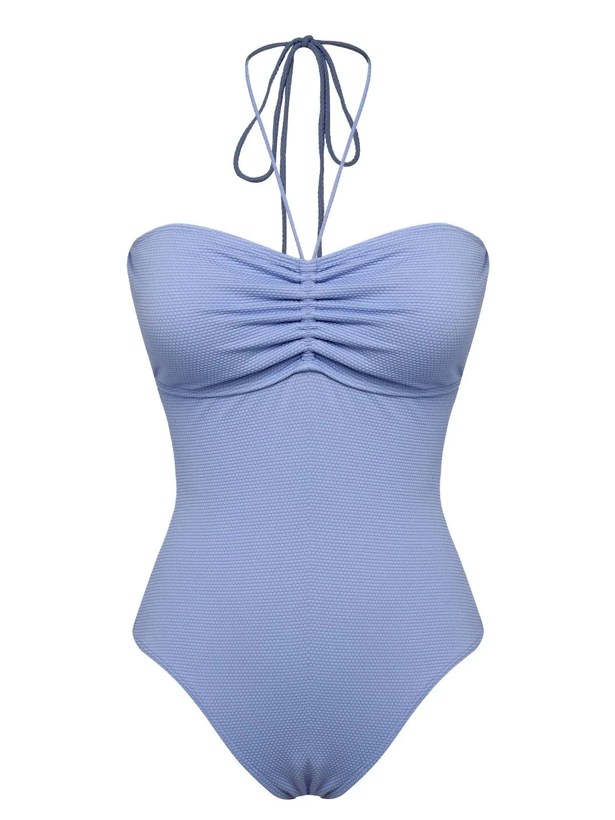 Sky Blue 1970s Solid Drawstring Bandeau Swimsuit sold by Retro Stage