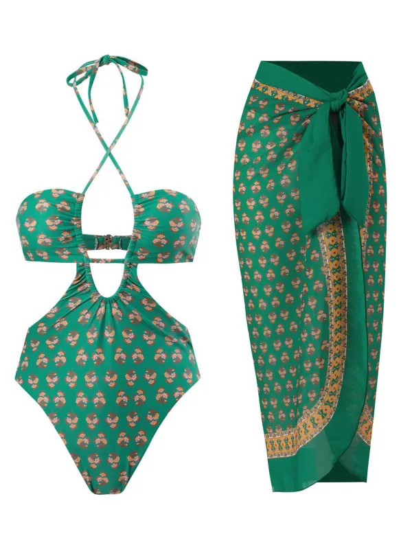 2PCS Green 1940s Flowers One-Piece Swimsuit & Cover-Up sold by Retro Stage