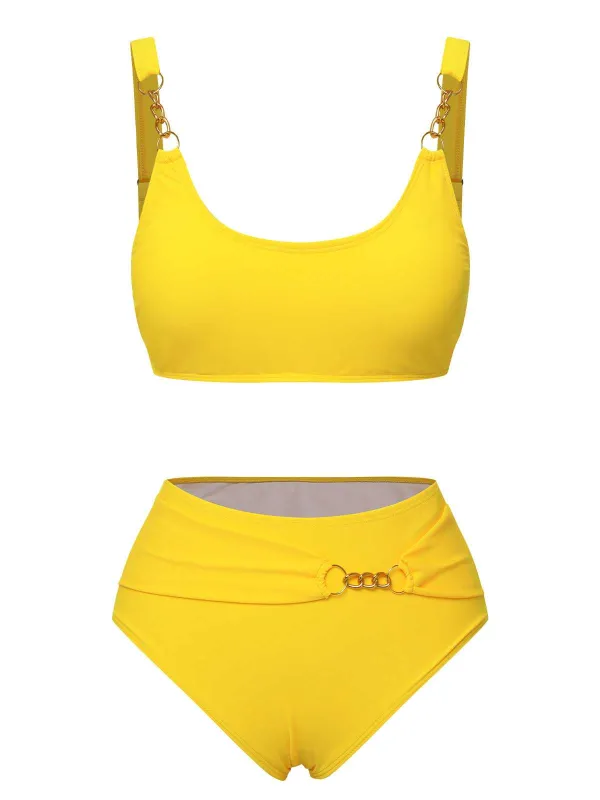Yellow 1960s Spaghetti Strap Backless Solid Swimsuit sold by Retro Stage