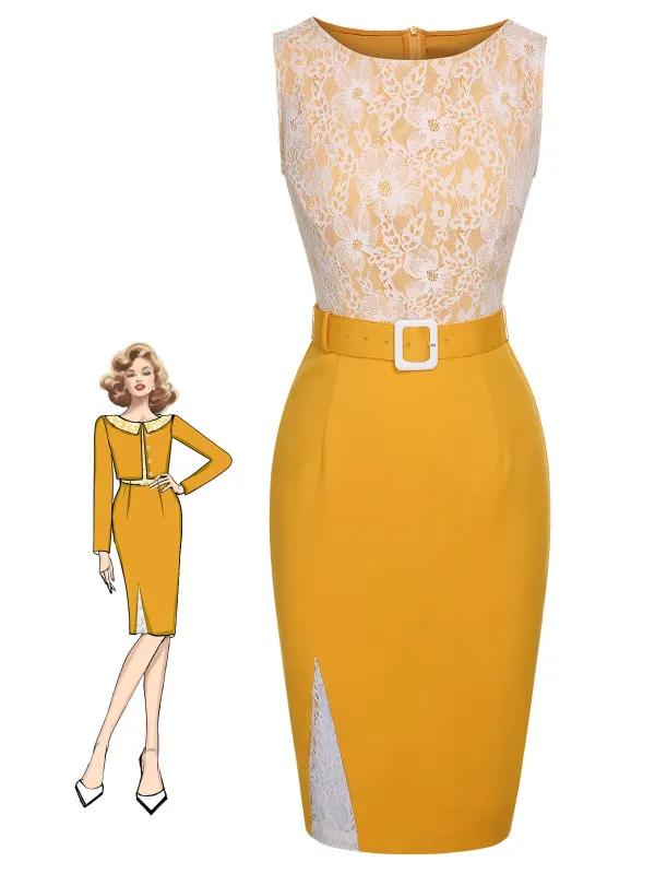 Yellow 1960s Solid Lace Patchwork Belt Dress sold by Retro Stage