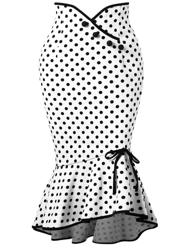White 1940s Polka Dots Mermaid Skirt sold by Retro Stage