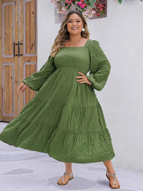 [Plus Size] Green 1950s Square Neck Solid Dress sold by Retro Stage