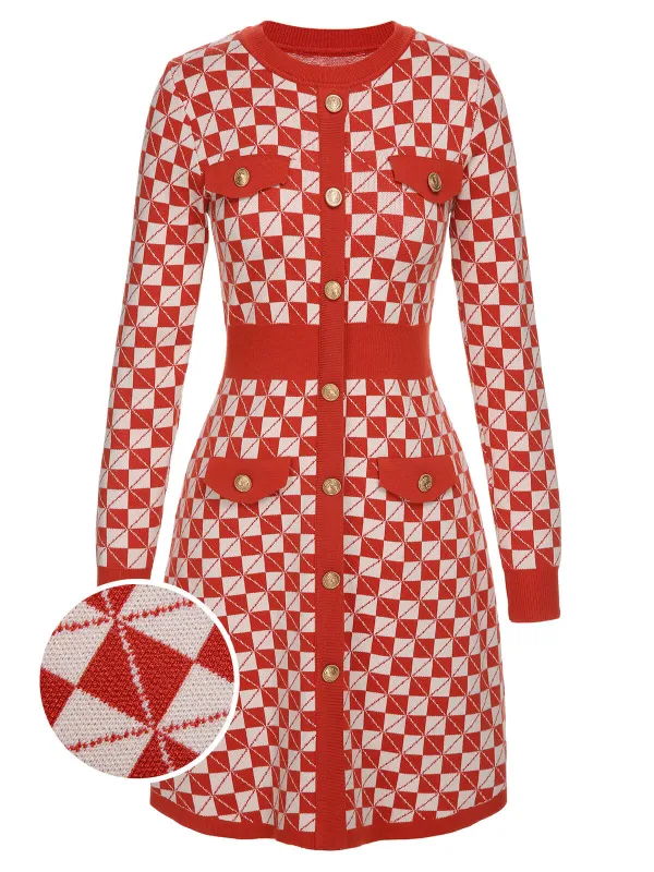 Red 1940s Argyle Check Knitted Pencil Dress sold by Retro Stage