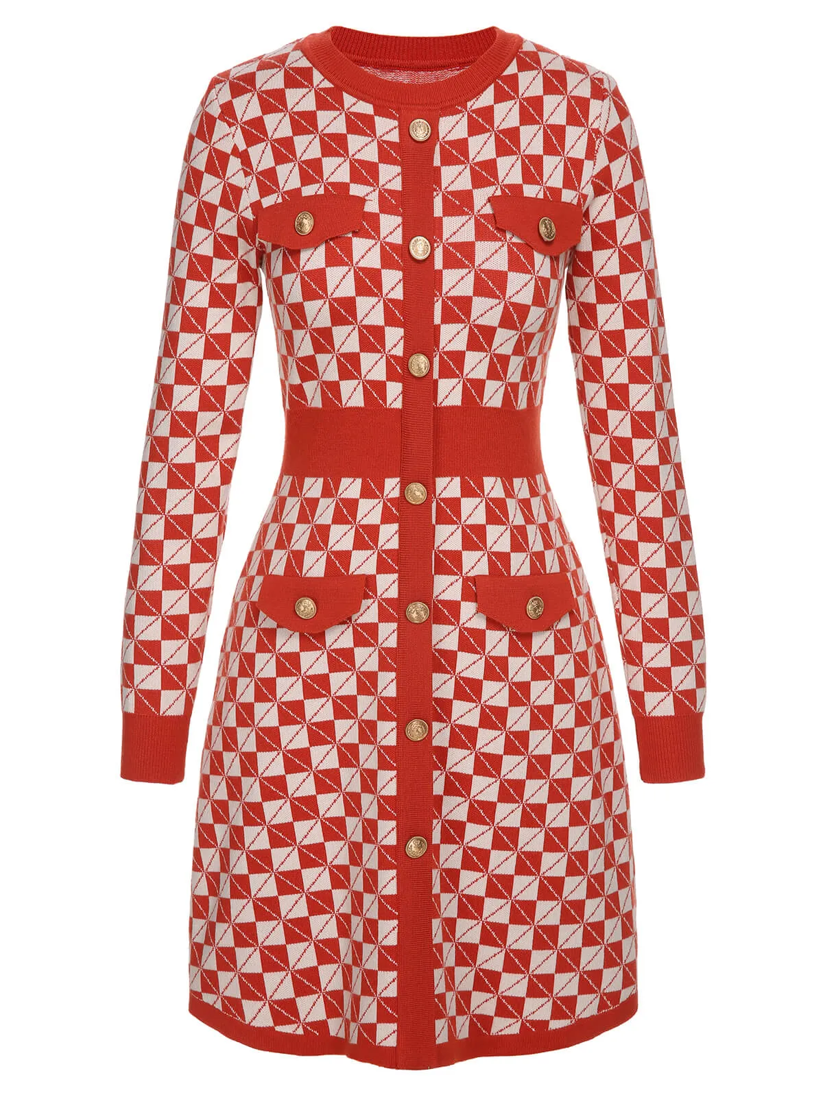 Red 1940s Argyle Check Knitted Pencil Dress sold by Retro Stage product image thumbnail 2