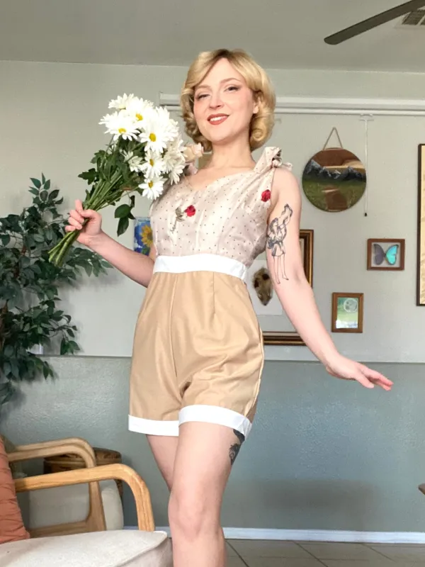 Khaki 1950s Embroidered Rose V-Neck Romper sold by Retro Stage