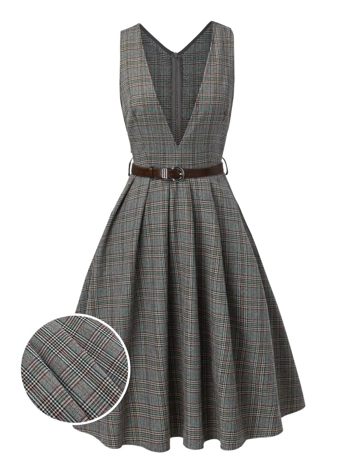 Grey 1940s Deep V-Neck Glen Plaid Dress sold by Retro Stage product image thumbnail 2