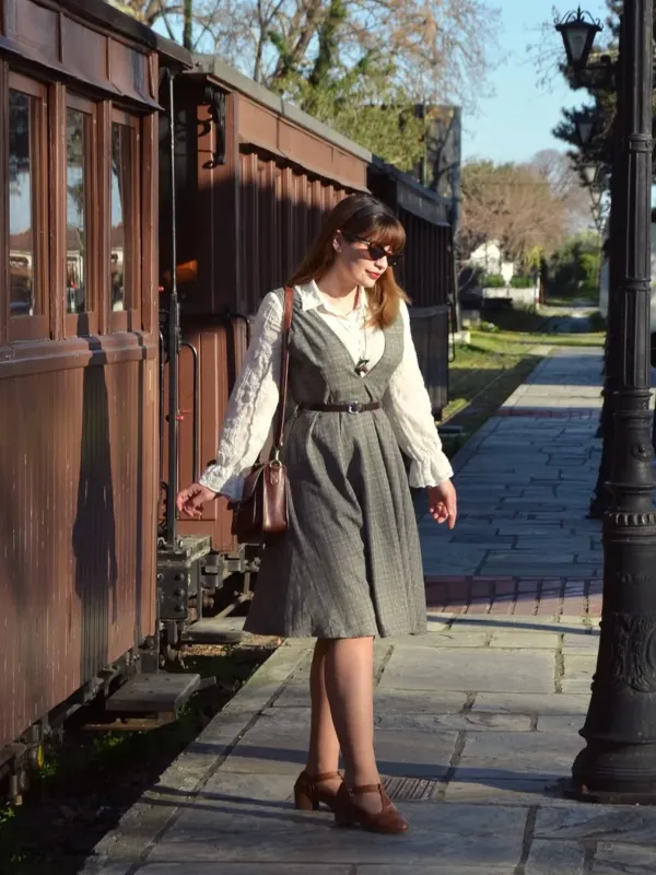 Grey 1940s Deep V-Neck Glen Plaid Dress sold by Retro Stage