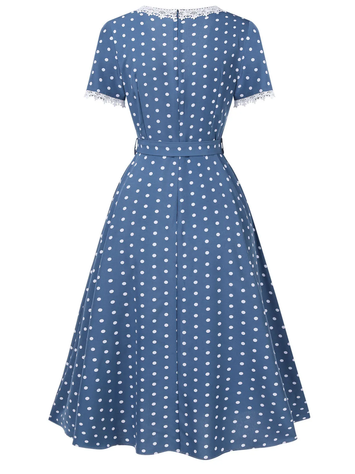 Dark Blue 1930s V-Neck Polka Dots Belted Dress sold by Retro Stage product image thumbnail 4
