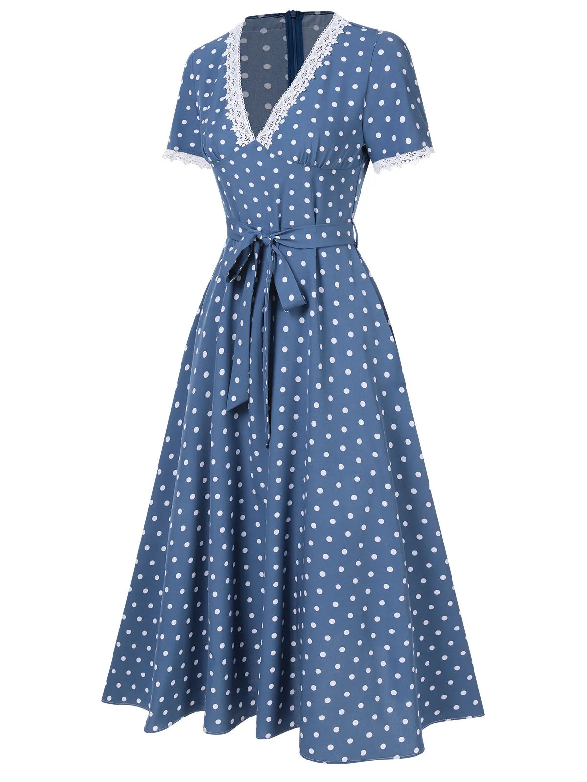 Dark Blue 1930s V-Neck Polka Dots Belted Dress sold by Retro Stage product image thumbnail 5