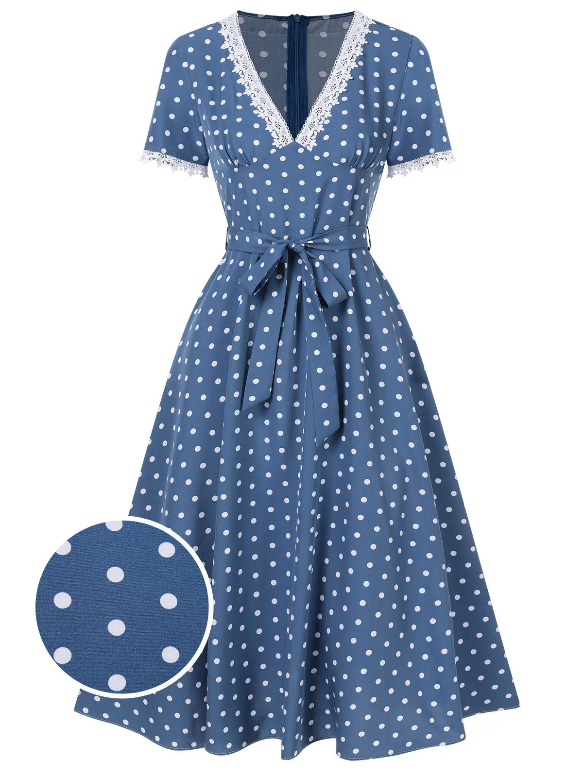 Dark Blue 1930s V-Neck Polka Dots Belted Dress sold by Retro Stage product image thumbnail 2