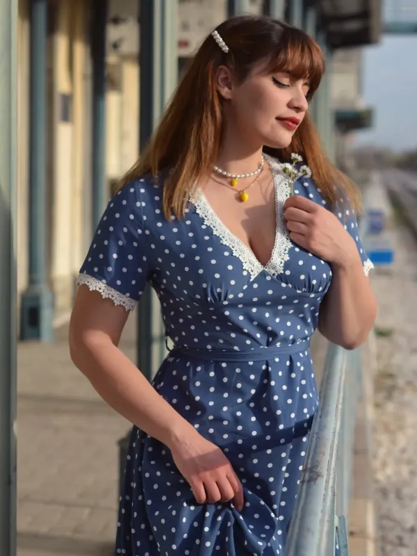 Dark Blue 1930s V-Neck Polka Dots Belted Dress sold by Retro Stage