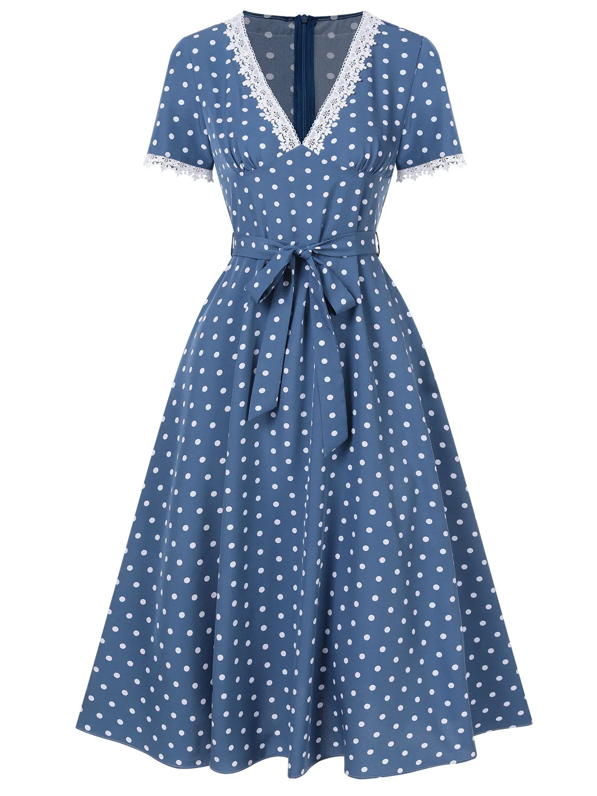 Dark Blue 1930s V-Neck Polka Dots Belted Dress sold by Retro Stage product image thumbnail 3