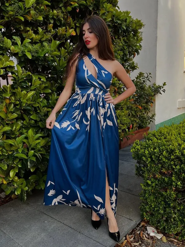 Blue 1940s One-Shoulder Plants Slit Dress sold by Retro Stage