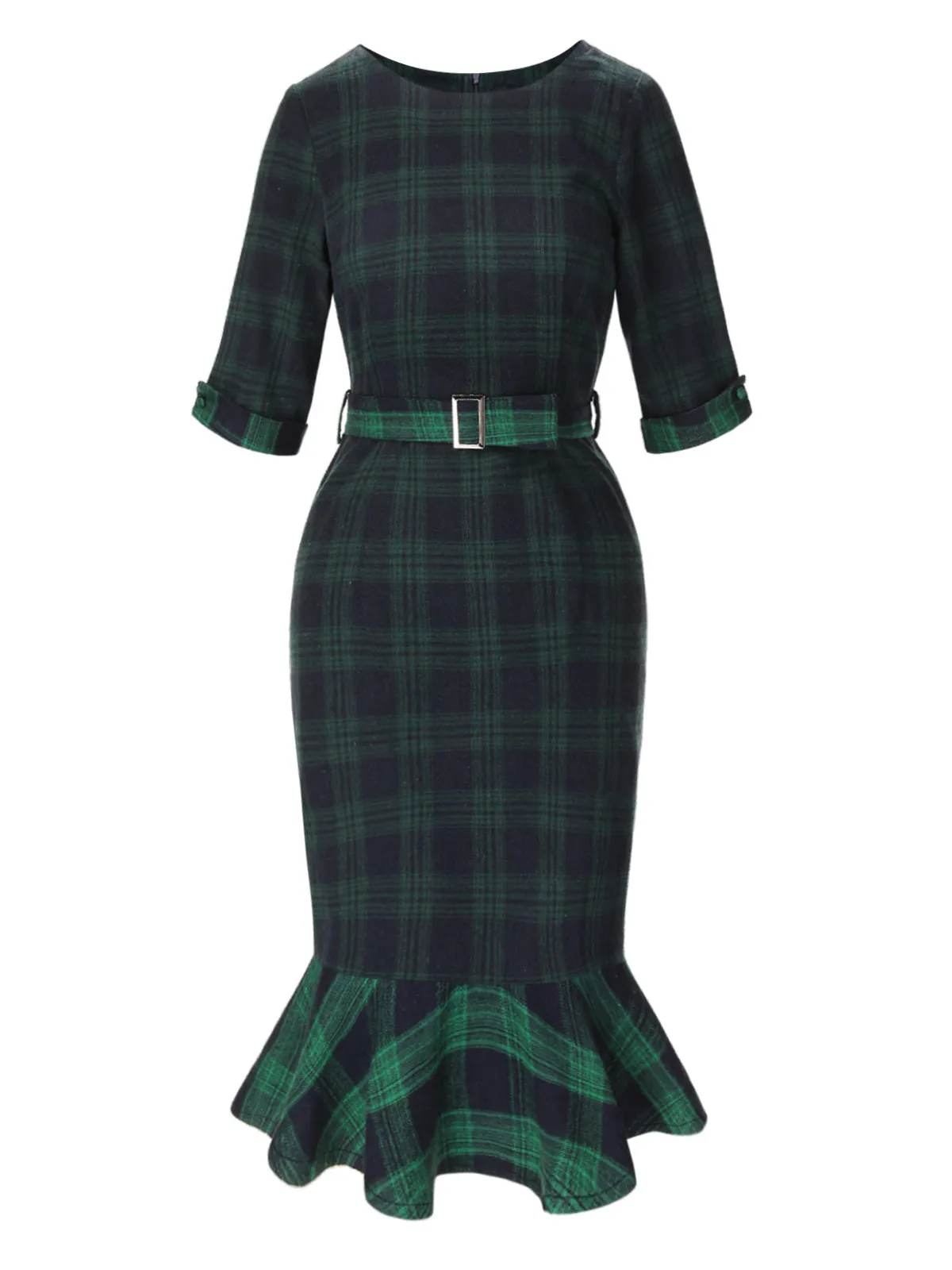 1930s Crew Neck Tartan Plaid Belted Mermaid Dress sold by Retro Stage product image thumbnail 3