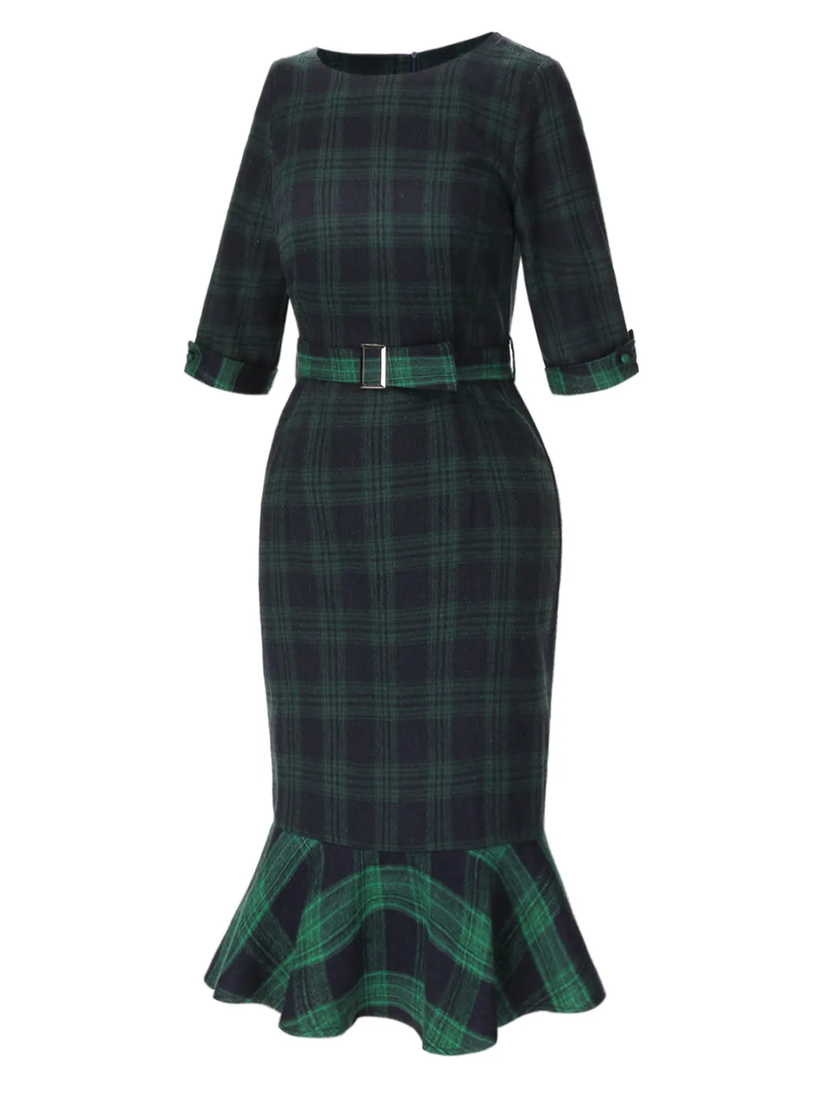 1930s Crew Neck Tartan Plaid Belted Mermaid Dress sold by Retro Stage product image thumbnail 4