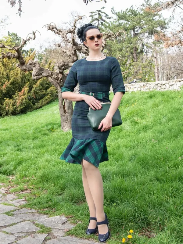 1930s Crew Neck Tartan Plaid Belted Mermaid Dress sold by Retro Stage