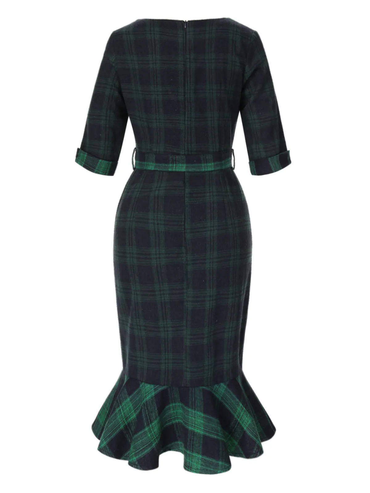 1930s Crew Neck Tartan Plaid Belted Mermaid Dress sold by Retro Stage product image thumbnail 5