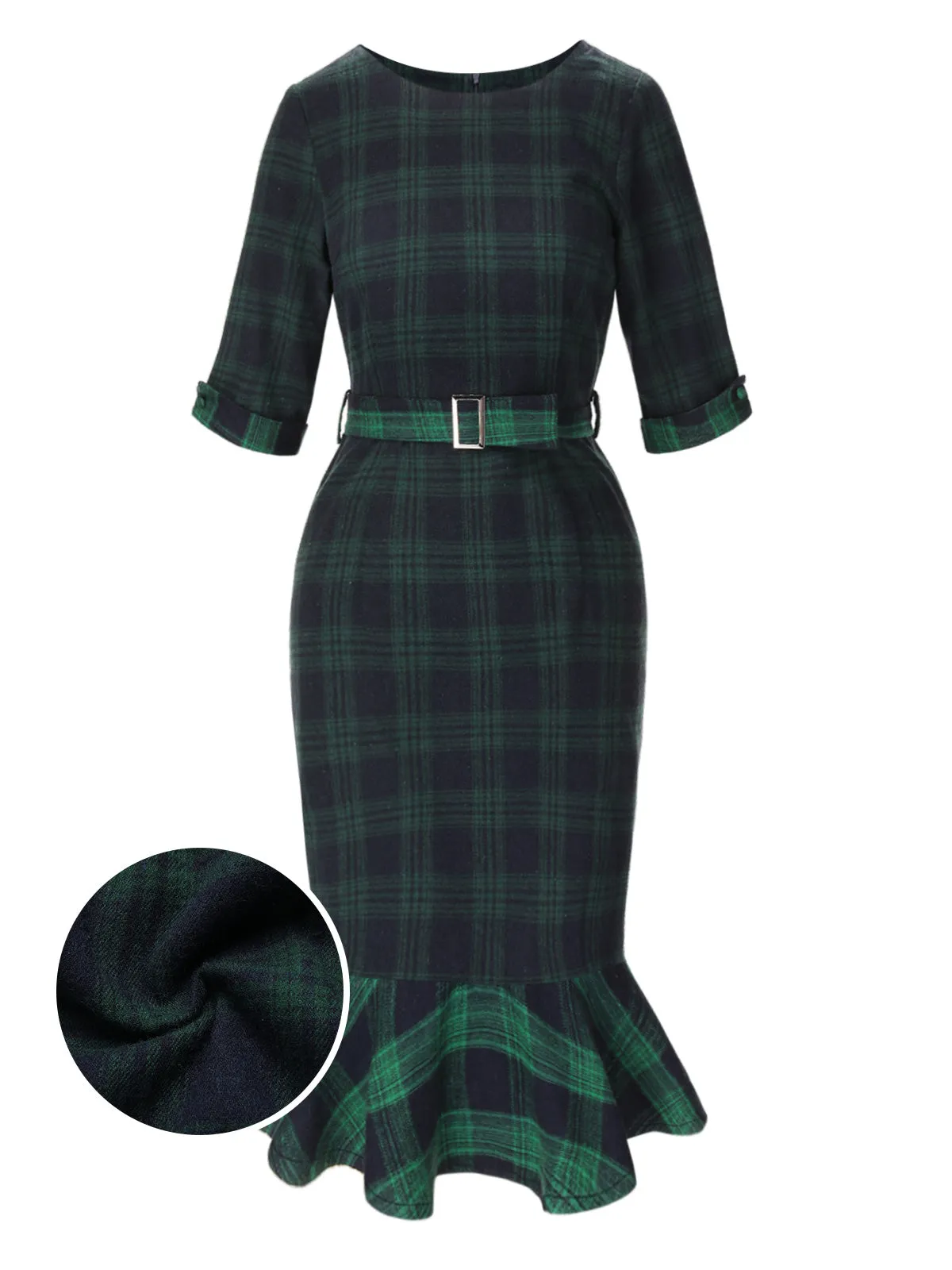 1930s Crew Neck Tartan Plaid Belted Mermaid Dress sold by Retro Stage product image thumbnail 2